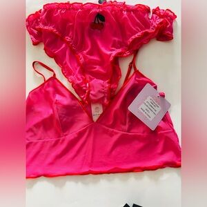 Bed of Roses Bralette Set Lingerie Sexy Cherry Red Embroidered Pink Sz Large NWT